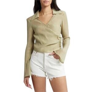 Topshop Khaki Wrap Blouse Collared Long Sleeve Side Tie Top NWT Size 12